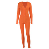 hirigin V-neck Button Sexy Rompers Woman Long Sleeve Slim Bodycon Casual Sporty Jumpsuit Autumn Letter Embroidery