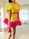 Women Dress Loose Puffy Short Sleeve Belt Casual Fashion Mini Shirt Dresses Bright Yellow Pink Party Birthday Club