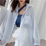 White Transparent Chiffon Blouse Chic Women Summer Oversize Puff Long Sleeve Shirt Korean Style Cardigan Basic Sheer Top-Outfit