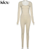 Kliou Solid Concise Two Piece Set Women Skinny Bodycon-shaping Crew Neck Bodysuit+High Waist Slim Sporty Leggings