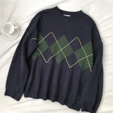 Knitted Sweater Women Argyle Oversize Korean Pullover Jumper Fashion Plaid Ladies Long Sleeve Winter Loose Casual Black