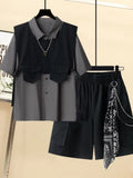 Gothic Men Suits Cargo Vest + Shirt + Shirts 3 Pieces Set Summer Clothes Punk Preppy Streetwear Casual Outfit Men Fashion