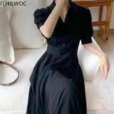 2021 Spring Autumn Chic Korean Temperament Lady Women Long Maxi Solid Black Single Breasted Button Shirt