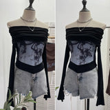 Real Shooting Maillard Wasteland Wind Word Shoulder Long-Sleeved Top Print Spliced Knitted Horn Sleeve Short T-Shirt