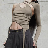 Women Summer 2022 Halter Top Black Y2K Long Sleeve Fashion Street Wear Casual Bodycon Hollow Out T-Shirts-Outfit