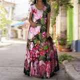 Summer Maxi Dress Women 2021 Floral Tie Dye Print Loose Long Dresses Robe Short Sleeve V Neck Sun Beach Dress Vestidos Plus