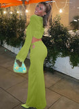Sexy Hollow Out U Neck Long Sleeve Crop Top And Long Dress Two Piece