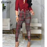 Women 2 Pieces Plain Print Buttoned Shirt & Plaid Print Pants Set 2022 Femme Knot Front Overalls Office Lady Outfit Traf-Outfit