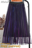Spring Midi Shine Gradient Color Mesh Skirt Women Party High Waist Pleated Long Tulle Skirt QT1864-Outfit