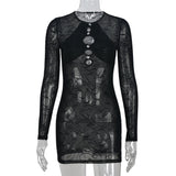 hirigin Sexy Hollow Out Bodycon Dress for Women Summer Autumn Night Club Wear Mesh Sheer Long Sleeve Mini Dresses