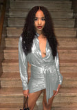 Deep-V Sexy Metallic Long Sleeve Mini Club