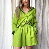 Women Linen Shorts Set 2021 Turn-down Collar Long Sleeve Top Shirt And Shorts Casual Two Pieces Set Loose Outfit