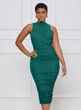 Green Sexy O-Neck Sleeveless Solid Ruffles Midi