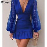 Women Sequins Ruffle Hem Ruched Bodycon Dress 2022 New Femme Deep V Neck Lantern Sleeve Mini Boho Robe Lady Outfits Y2k-Outfit