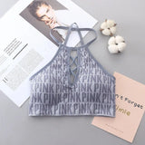 Sexy Hollow Out Women Crop Tops Energy Sports Bra Pad High Impact Tanks Fashion Letter Knitted Female Camis Fitness