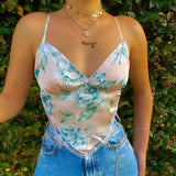 Floral Printed Asymmetrical Top Spaghetti Strap Backless Bandage Silk V Neck Sexy Casual Vintage Camisole Cropped