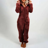 Women Overall Homewear Warm Fleece Hooded High Waist Autumn Winter Solid Color Jumpsuit Pants Jumpsuits Pajama-Outfit
