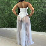 Fashion Women Mesh Maxi Dress Robes Beachwear Off Shoulder Leaf Print Tube See-through Pleated Long Party Club