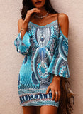 Blue Casual Off-the-shoulder Full Sleeves Floral Print Straps Midi Loose Holiday Smock