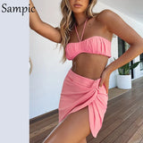 Sexy Woman Summer Beach Casual 2021 Fashion Skirt Set Halter Tops And High Waisted Mini Wrap Skirt Two Piece Set