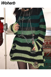Grunge Striped Knitted Sweater Women Long Pullovers Loose Thin Punk Sweaters Jumpers Mujer Jersey Chic Streetwear 729-0-Outfit