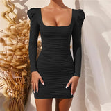 Square Neck Puff Sleeve Sexy Dress For Women 2020 Solid Basic Slim Wrap Ruched Mini Club Party Bodycon Women's
