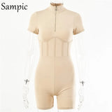 Sexy Women Skinny Short Biker Sport Rompers Short Sleeve Ribbed Jumpsuit 2020 Autumn Playsuit Body Femme Corset