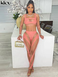 Kliou Mesh Patchwork Two Piece Set Women Skinny Hole Sleeveless Vest+Mid Waist See Through Leggings High Street Attirewear