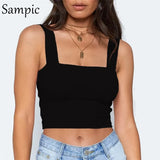 Square Collar White Black Summer Casual Women Crop Tops Short Vest Club Outfits Strap Off Shoulder Tank Tops Camis