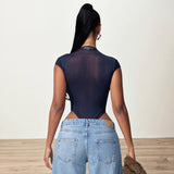 Summer New Women's Sexy Round Neck Metal Buckle Triangle Shorts Mesh Yarn