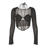 Y2k Sexy Mesh Long Sleeve Halter Corset Top Hollow Out Low Cut See Through Slim Fit T-shirts Streetwear Summer