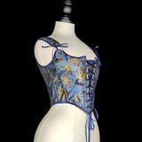 Spring And Summer New French Retro Wrapped Court Corset Front Strap U Tie Leaf Printed Vest Female