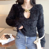 Sexy V Neck Women Cropped Sweater Korean Long Sleeve Knit Pullover Autumn Chic Temperament White Black Loose Short Top