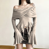 Woherb Autumn Waste Soil Exposed Shoulder Irregular Slim One Word Shoulder Sexy Hot Girl Slim Show Thin Top-Outfit