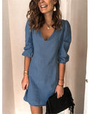 Fashion Women Summer Autumn Casual Loose Dress V-Neck Three Quarter Sleeve Mid Waist Solid Color Pullovers Mini