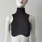 Woherb Summer New Slim Small Vest Vertical Grain High Collar Open Back Tight Top Direct Sales-Outfit