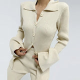 Knitted Two Piece Set Women Ribbed Zipper Flare Sleeve Shirts Tops And Elastic Waist Flare Pants Suit Slim Female