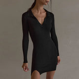 Side Split Long Sleeve Mini Dress For Women Sexy Turn Down Collar Autumn Office Lady Bodycon Fashion Brown Dress