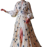 New Multi-Colored Half-High Collar Glide Open Lantern Sleeve Sleeve Chiffon Dress Chiffon