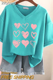 100% Cotton L-6XL T Shirt Plus Size Tshirt Short Sleeve Women Top Summer Heart Print Sweet V Neck Oversized T Shirts-Outfit