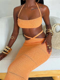 Women Knitted 2 Pieces Summer Clothing Set Sexy Tie-up Halter Crop Tops and Cross Wrapped Long Skirts Beach Clubwear-Outfit