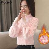 Plus Velvet Thick Bottoming Shirt Women's Autumn Winter New Chiffon Blouse Stand Collar Long Sleeve Flocking Tops-Outfit