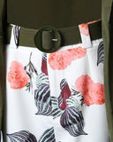 Women 2pcs Clothes Suit with Belt Long Sleeve Blazer & Floral Print Shorts Set-Outfit