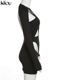 Kliou Sexy Hollow Out Mini Dress Women Solid Unique Design Long Sleeve Backless Body-Shaping Cleavage Hip Skirt Female