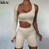 Kliou Asymmetrical Solid Women Rompers Basic Long Sleeve Casual Sportswear Streetwear Female Elastic High Waist
