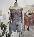 Print V-Neck Horn Sleeve Top Wooden Ear Lace With Short-Sleeved Long-Sleeved T-Shirt