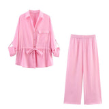 Women's 2025 Summer Drawstring Long-Sleeved Shirt + Casual Pants Set Women's