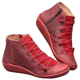 Arch Support Ankle Boots Casual Cross Strappy Side Zipper Winter Short Leather Boots Vintage Punk Flat Shoes Lady 2019