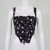hirigin Floral Cami Top Women Sweet Print Hollow Up Tie Up Sexy Crop Top Summer Sleeveless Ruched Boning Bustier Casual Tank