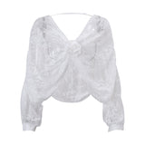 Woherb Women's Ins French Lace Sexy Flower Design Sense V Neck Crop Cord Loose Long Sleeve Top Women-Outfit